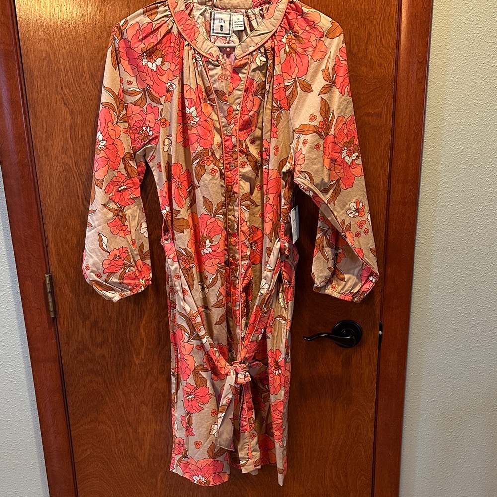 Léa brand, Floral Coral/Pink and Tan Dress with Tie Waist